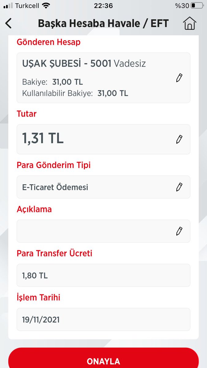 1,31TL para transferinin maliyeti 1,80TL teşekkürler Türkiye’m