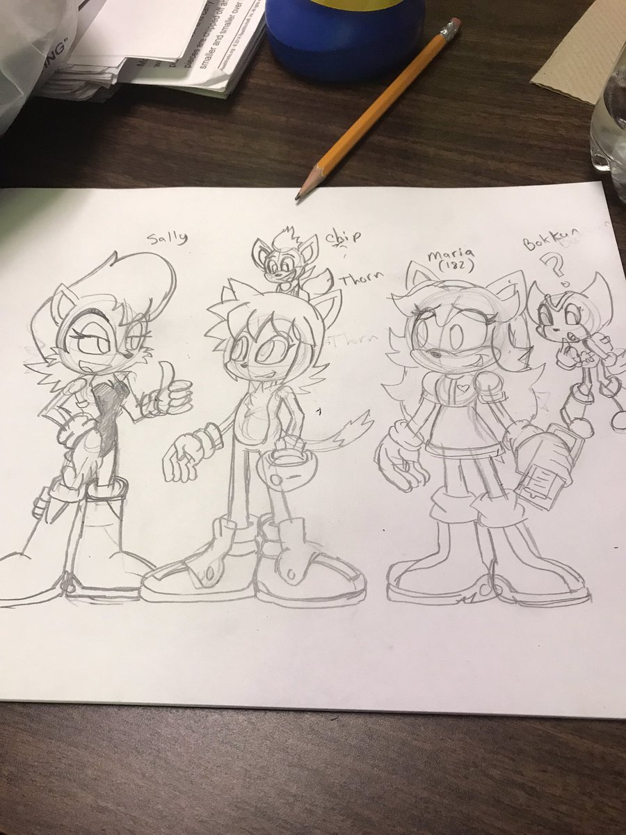 SunVixenHE's tweet photo. Just a quick drawing of 5 characters hanging out.
Princess Sally Acorn, Thorn the Cat (Chris Thorndyke), Chip the Light Gaia, Maria the Hedgehog (@sonicsong182), and Bokken
#sallyacorn
#sonicfanart
#christhorndyke
#ss182fanart
#bokkun
#chiplightgaia
#mariathehedgehog
#SonicSatAM https://t.co/pJQ5FbFheV