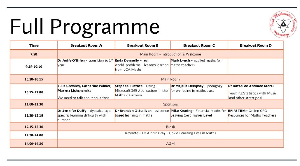 Eoghan Long (@eoghan_long) on Twitter photo Looking forward to a great day tomorrow at #MathFest21 with <a href="/imtanational/">Irish Maths Teachers’ Association</a>.
Some great presentations in the line up!! Looking forward to a great day tomorrow at #MathFest21 with <a href="/imtanational/">Irish Maths Teachers’ Association</a>.
Some great presentations in the line up!!