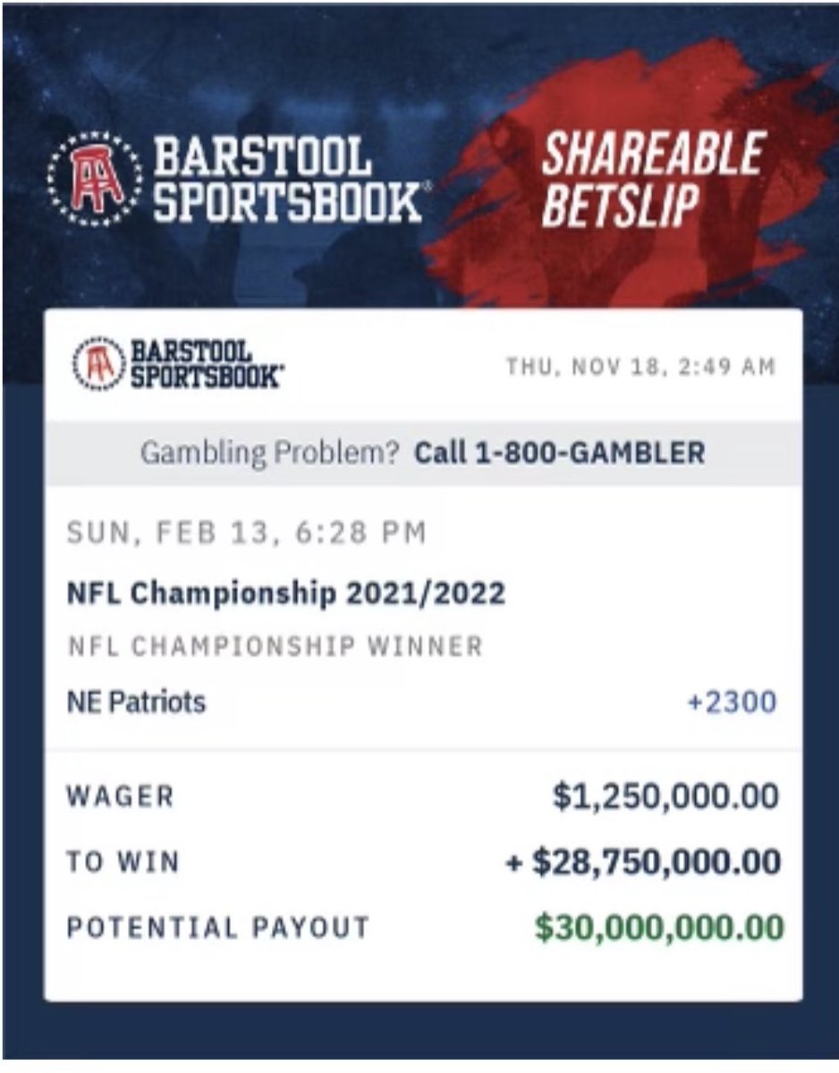 Pickswise's tweet photo. Mattress Mack is BACK 🚨

He bet $2 million on the Patriots +2300 to win the Super Bowl. Bet would return $46 million https://t.co/JycXtsQFz1