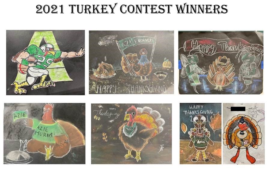 The Azle Junior High library hosted a "Dress the Turkey" art contest and had more than 50 submissions. Today, the students voted, and here were some of the winners! Great work, Hornets! 💚🦃 #WeAreAzle #HornetsInAction