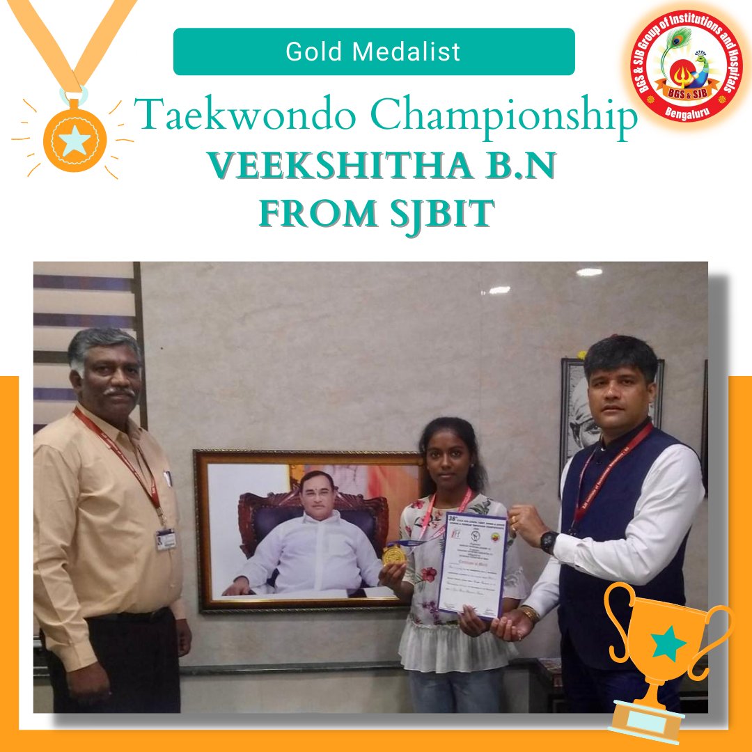 Here is our Champion!

Ms. Veekshitha BN from S.J.B.I.T Won Gold Medal in Senior Female State Level Taekwondo Champion Ship.
BGS &amp; SJB Group of Institutions congratulates our champion.

#BGS #BGSandSJB #Childrenday #BGSIRS #BGSIAS #BGSNPS #BGSPS  #IB #CBSE #IGCSE #School #SJBIT