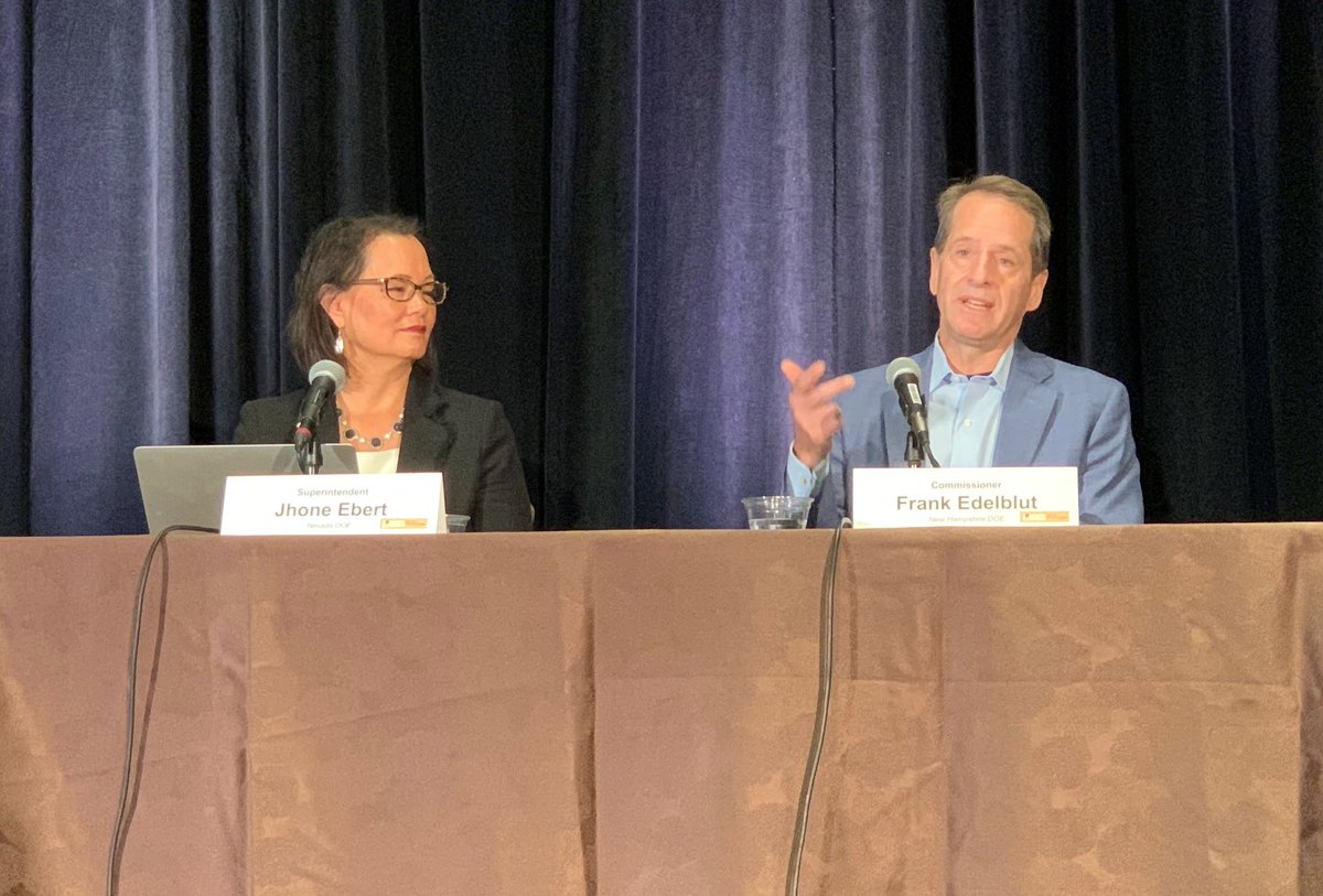 NHDeptEd's tweet image. Education chiefs from NH, Utah and Nevada take the stage at the 2021 National Summit on Education to discuss how states are reimagining learning and embracing innovation and personalized instruction. #EIE21 #ExcelinEd
