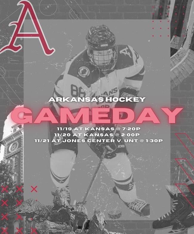 RazorbackMHClub's tweet photo. Support your Razorbacks as they take on @JayhawkHockey this Friday and Saturday!!! Hogs return home this Sunday at the Jones Center for a game against @unthockey!! #gohogs https://t.co/8gptPpf0yD