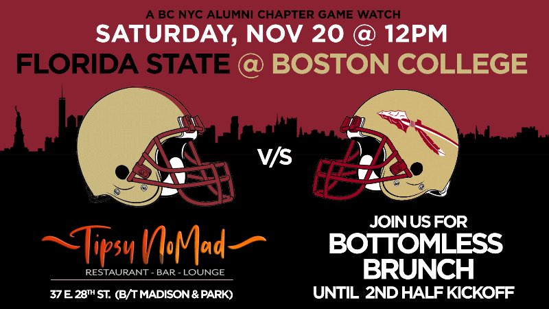 BCNYCAlumni's tweet photo. See you all tomorrow at 12pm for the kickoff, and with bottomless brunch! For more details on the brunch, click the link below &amp; be sure to call or text Brendan (the mgr) to make reservations, 914-610-9159. See you all soon! https://t.co/Fo2R5KwRB0 https://t.co/JitLnQvGKe