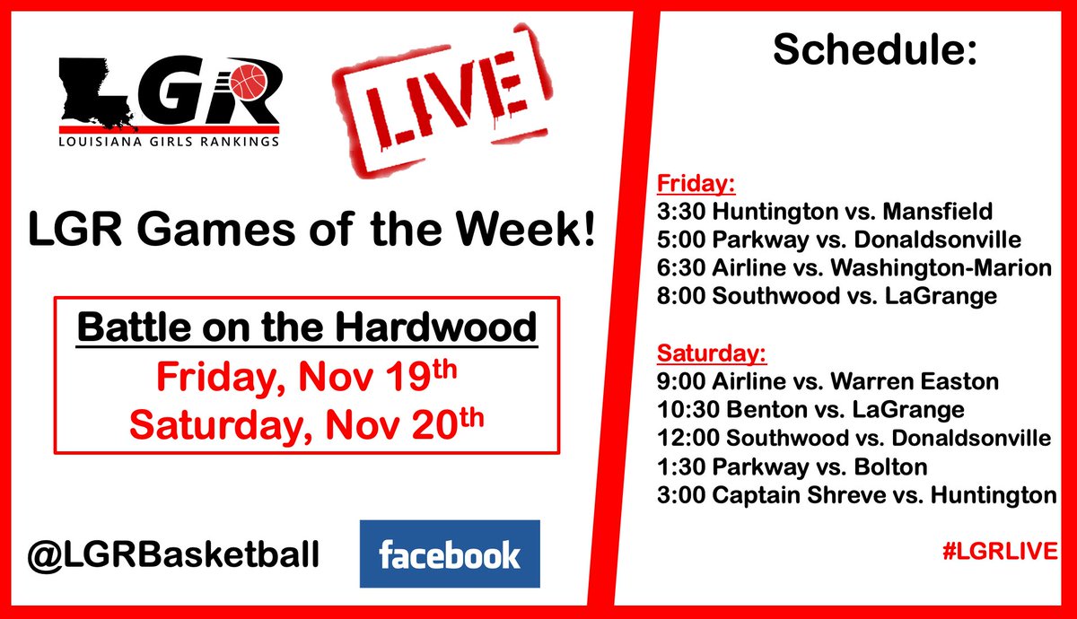 LBR_Basketball's tweet photo. 🚨 LGR Games of the Week!🚨

🎥 LGR Live
🏆Battle on the Hardwood
📅 Nov 19th &amp; 20th

🗣 We’re taking the trip to North Louisiana for the Battle on the Hardwood!  Several of the top teams in the state will be in attendance &amp; we’ll be live-streaming the games on court 1️⃣ #LGRlive https://t.co/ReyD4gaGT8