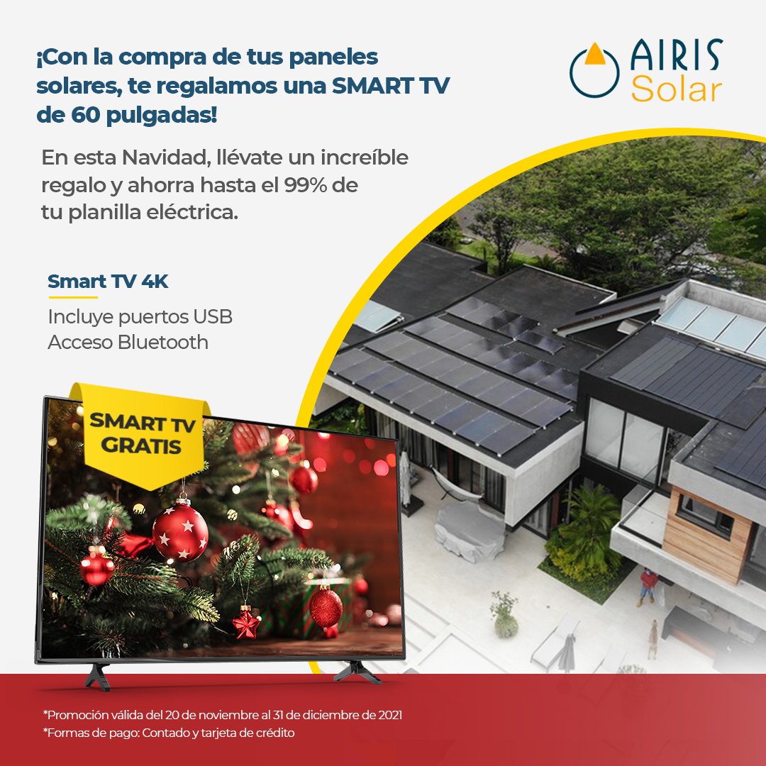 airisecuador's tweet photo. ¡Queremos premiarte por tus compras! 🤩Si adquieres tus paneles solares residenciales con nosotros hasta el 31 de diciembre, te regalamos una SMART TV de hasta 60 pulgadas esta Navidad 🎁🎄.

¡No te pierdas esta espectacular promoción que te ofrecemos por tiempo limitado ⏱️! https://t.co/6rbHnVXiAf
