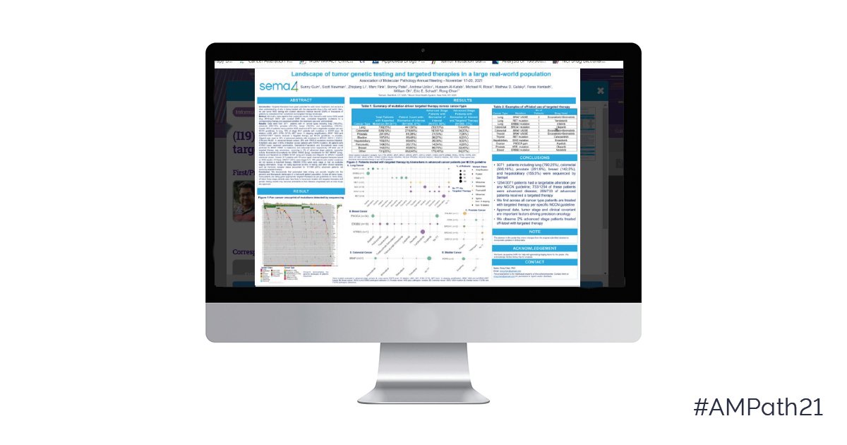 sema4's tweet photo. Can automated #data mining provide insights into #genomic and therapeutic landscapes? We built a pipeline combining curated #RealWorld EMR data with #Sema4Signal NGS to assess the use of targeted therapies in a large patient population. Check out our poster at #AMPath21. @AMPath https://t.co/jgy8oRLBad