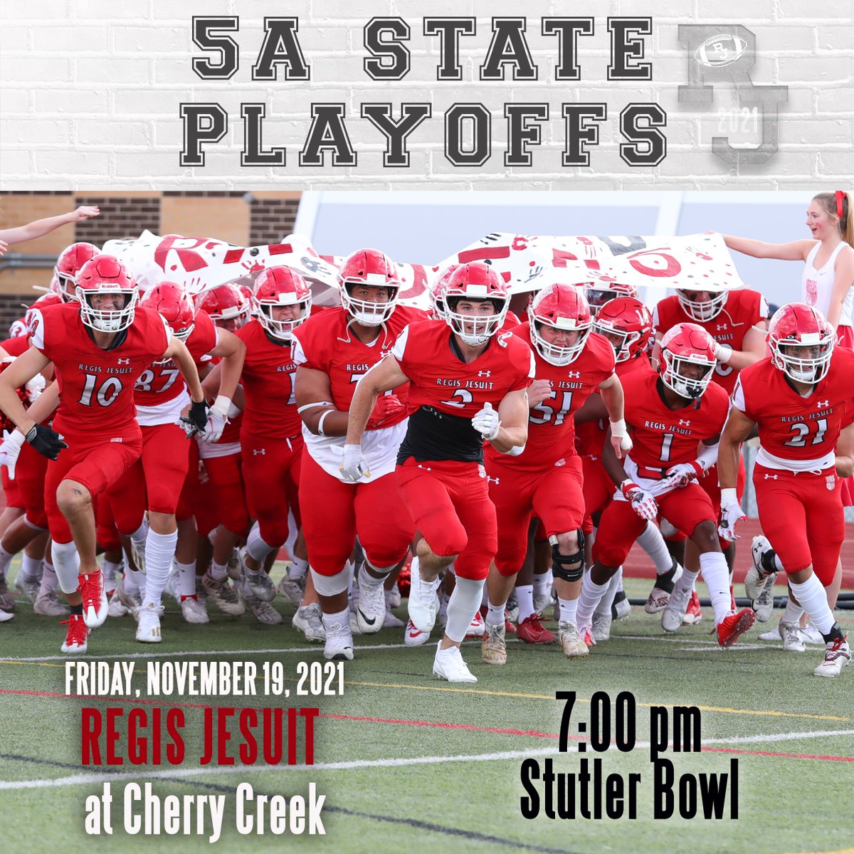 RegisJesuitHS's tweet photo. PLAYOFF ALERT: The Raiders take on Cherry Creek TONIGHT in the quarterfinals of the state tournament at 7:00 pm at Stutler Bowl. It's time to #RowdyUp and #RootfortheRaiders! @RJHSFootball 
Buy your tickets: https://t.co/MYqBPwR5oF
Watch it live: https://t.co/XIhiaoLUmC https://t.co/bciBiVWpLB