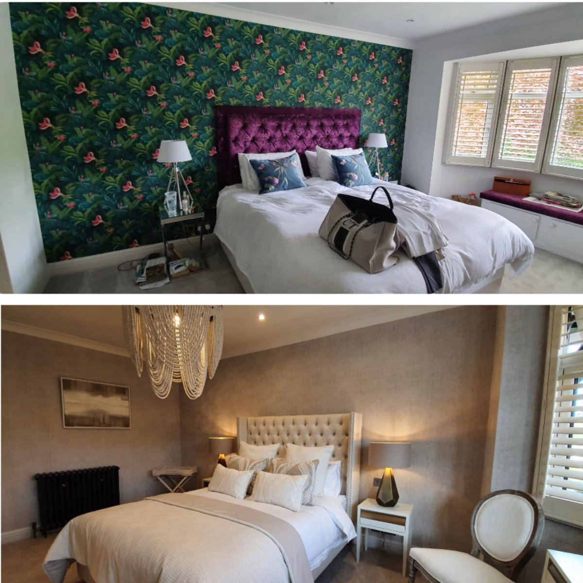 Our client wanted a more muted and relaxed look for this guest bedroom with colours that soothe the soul for sleep . Last photo features before and after refurbishment