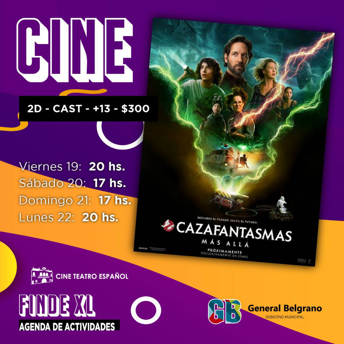 Hoy llega 👻CAZAFANTASMAS: EL LEGADO al Cine 🍿

No te la pierdas❗️

Viernes: 20 hs.
Sábado: 17 hs.
Domingo: 17 hs.
Lunes: 20 hs.