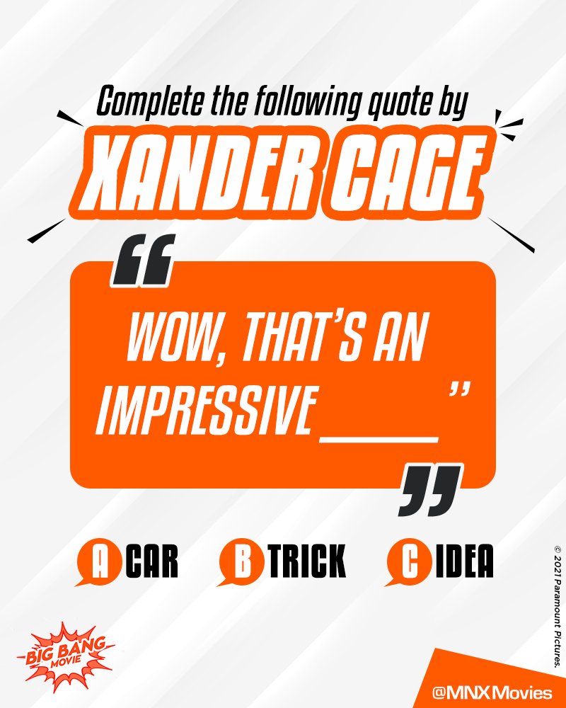 MNXMovies's tweet photo. Open the Pandora’s Box of your brain and guess the correct option to fill in the blank above.
Don’t forget to tune in to XXX: Return of Xander Cage tomorrow at 9 PM only on MNX.

#BigBangMovie #ReturnofXanderCage #Vindiesel #MNX https://t.co/qjR4ZpAuX6