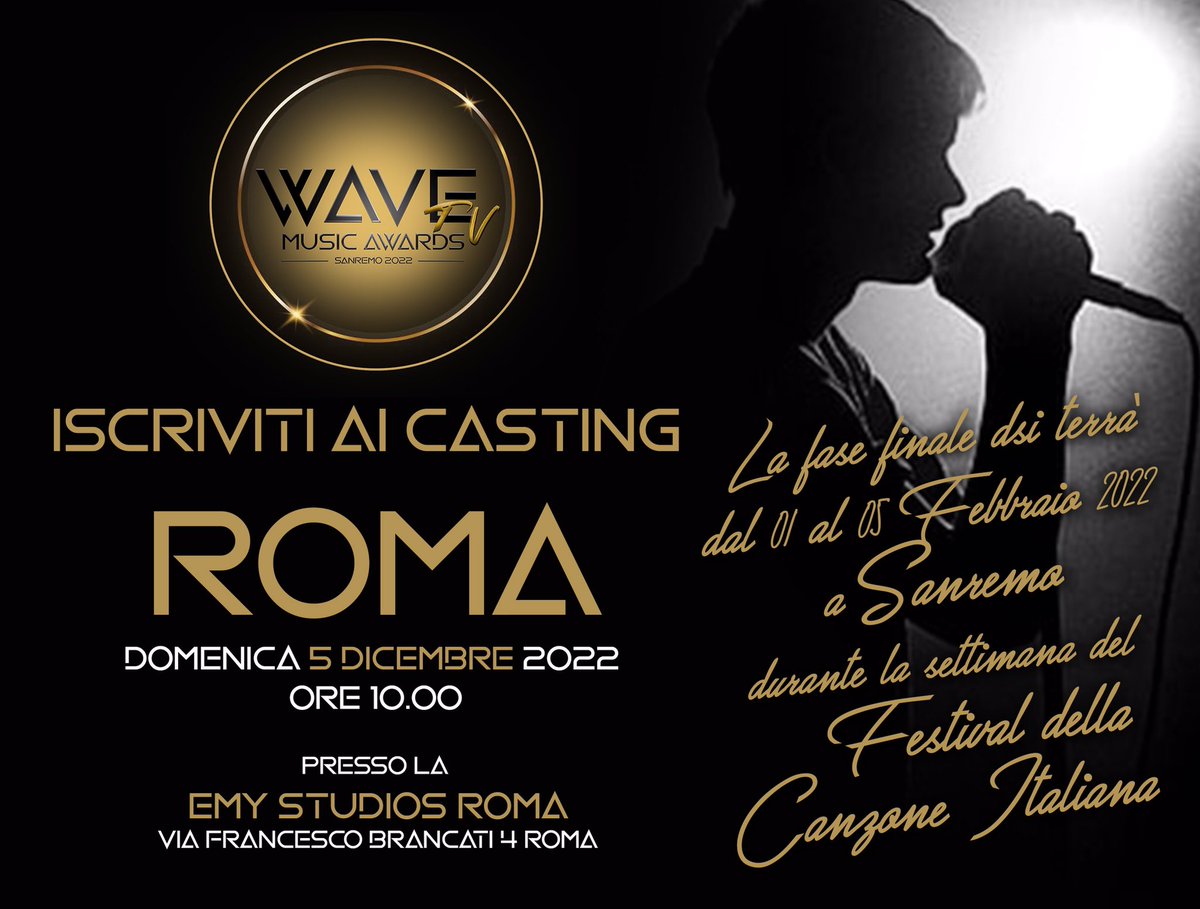 emyrecords_'s tweet photo. WAVE TV MUSIC AWARDS
si terrà dal 01 al 05 Febbraio 2022 a Sanremo (durante la settimana del festival della canzone italiana).
https://t.co/5o5QhQzIlT  SCOPRI COME PARTECIPARE! https://t.co/Bj9IYFTBiy