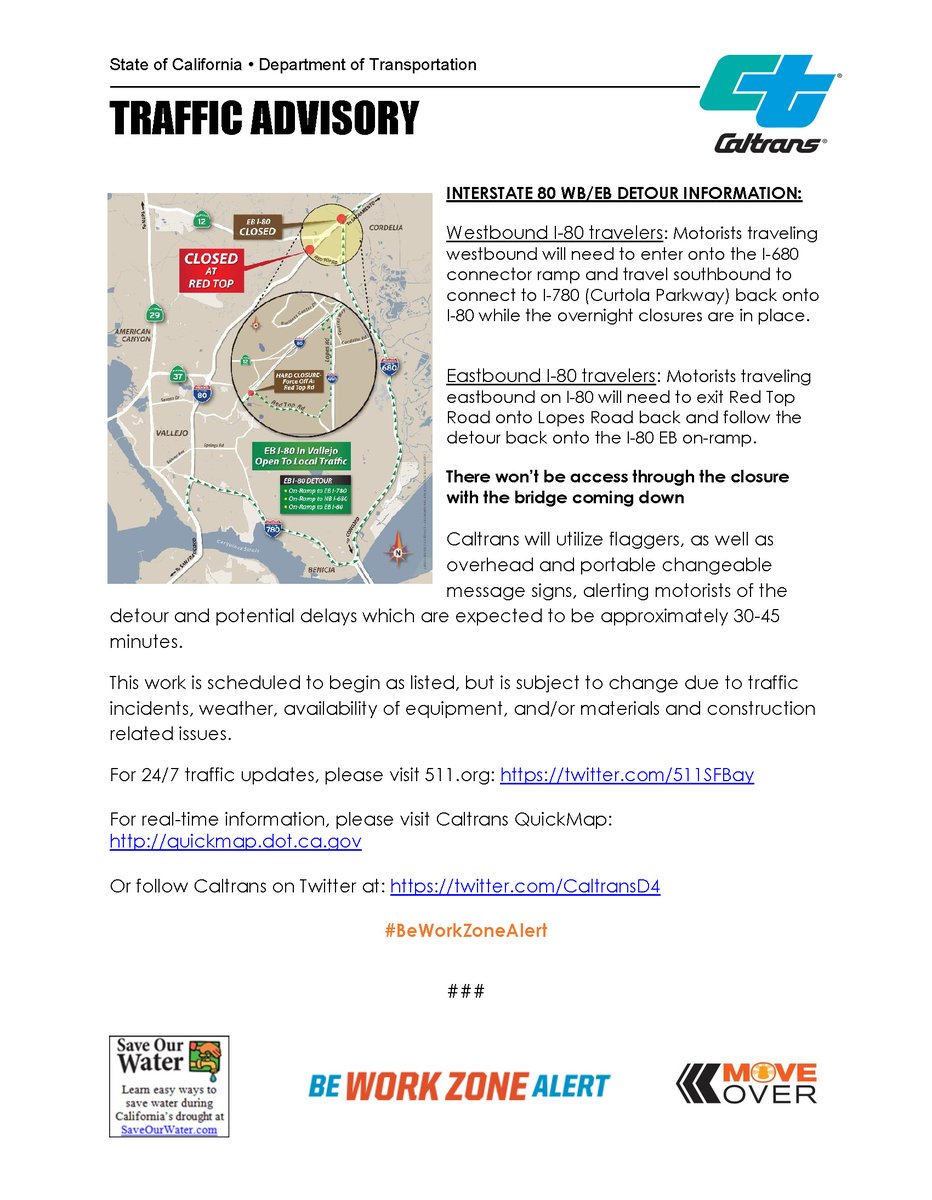 TRAFFIC ADVISORY
10 Hour Full Interstate 80 WB/EB Overnight Closure
Starting Saturday, Dec. 4, 2021 at 11:00 PM until 9:00 AM, Sunday, Dec. 5, 2021 

See attached.