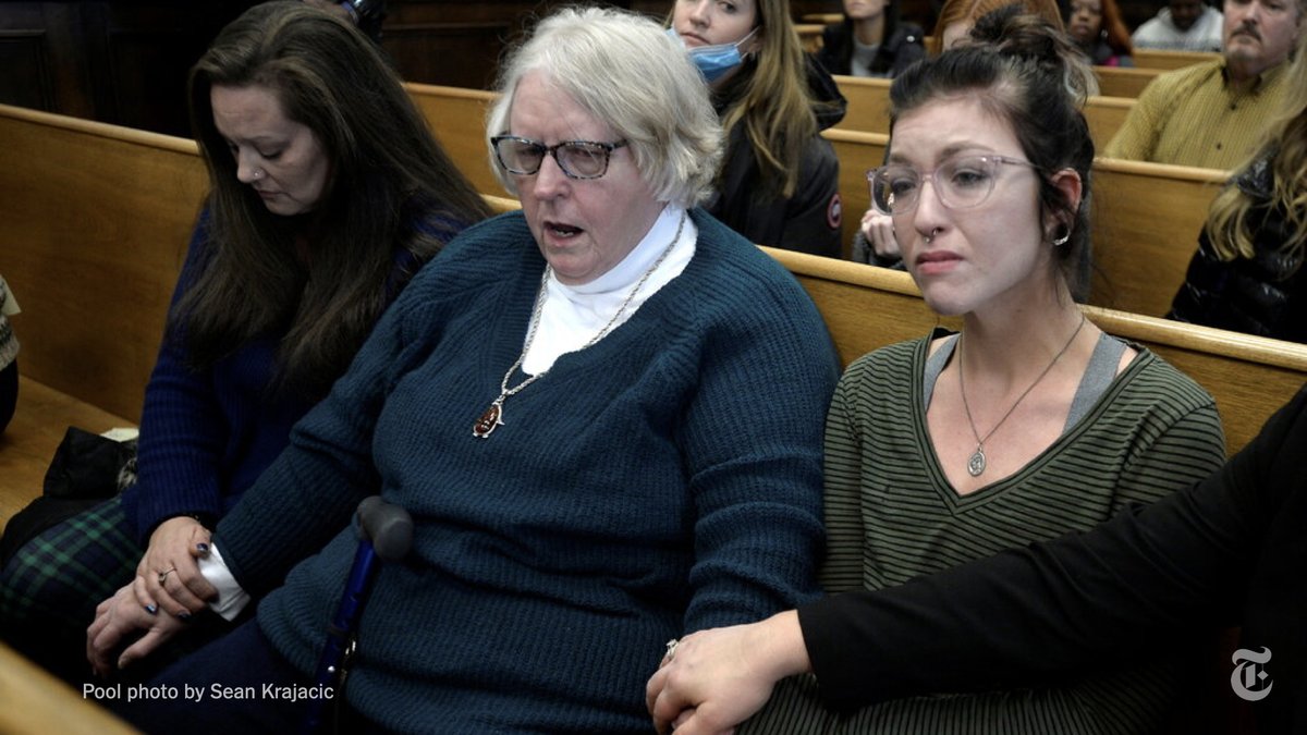 nytimes's tweet photo. Joseph Rosenbaum's fiancee, Anthony Huber's great-aunt and Anthony Huber's girlfriend — the family members of the men Kyle Rittenhouse killed – listened as the not-guilty verdicts were announced. https://t.co/rdbC6CZVLy https://t.co/3ze4eXk6yi
