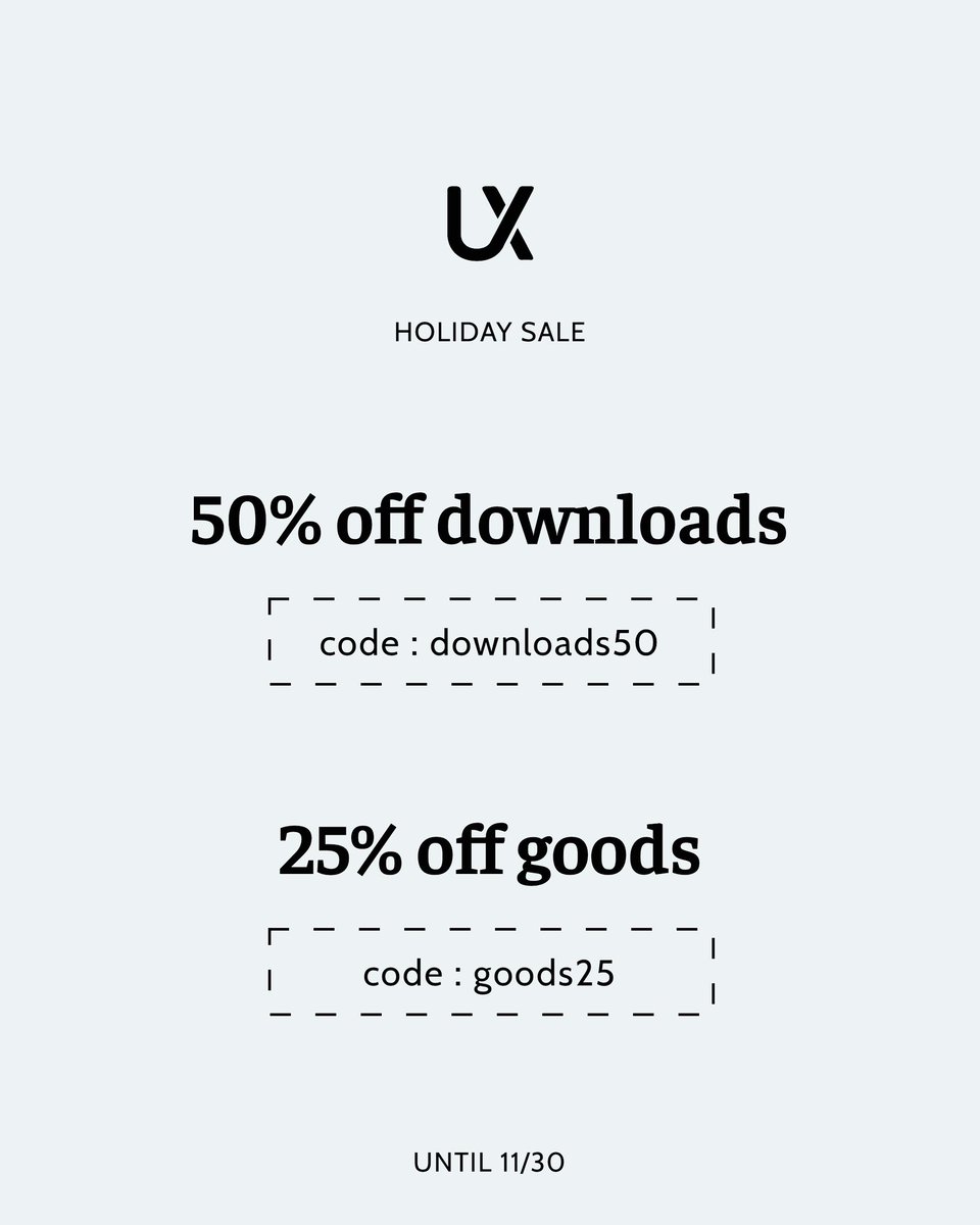 Shop our holiday sale! 🎁

All downloads 50% off with code “downloads50”. 

All goods 25% off with code “goods25”. 

👉 uxkits.com

No exclusions! Until 11/30.