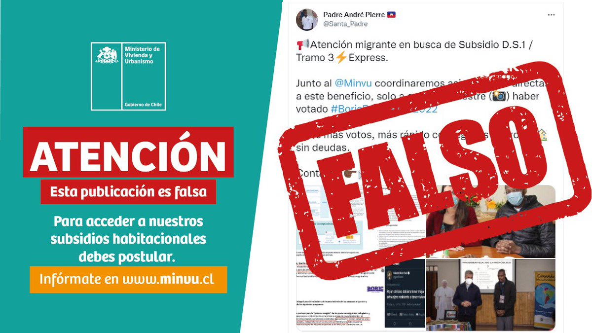 Minvu's tweet photo. ¡Atención! La información de esta publicación es falsa ❌❌
La postulación es la vía para acceder a nuestros subsidios habitacionales. 

Les recordamos informarse siempre a través de nuestros canales oficiales. No caigas en estafas y #PostulaSeguro ✅ https://t.co/0qnx6bDojw
