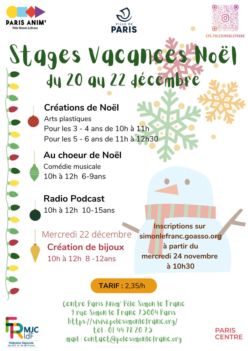 Stages des vacances de Noël au Pôle Simon Le Franc
Rendez-vous le mercredi 24 novembre pour vous inscrire !