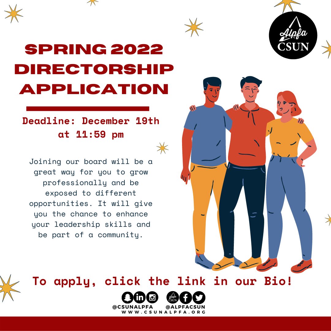 Hey Alpfamilia!

Applications for our amazing Directorship positions for the Spring 2022 semester are now open! Don’t miss out on this incredible opportunity to become a part of the Alpfa Board.

#csunalpfa #ALPFA #alpfamilia #CSUN