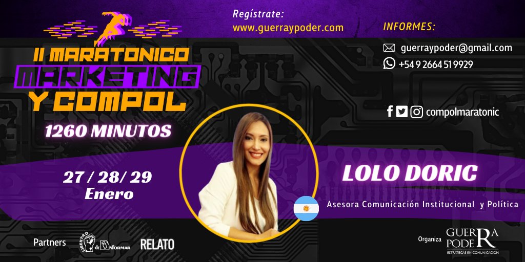 Compolmaratonic's tweet photo. 🔊 II Maratónico #Marketing y #Compol 🌡️1260 M
👉 Lolo Doric 🇨🇴
➡️ Inscríbete acá: https://t.co/i5mP5I6yTI
📲 Consulta al whatsapp:
https://t.co/HREi10ZX3e
✉️ guerraypoder@gmail.com
📆 27, 28 y 29 - En. 22
.
.
#maratonicomk #maratonicocompol #CampañasElectorales https://t.co/rqSwtmwKz0