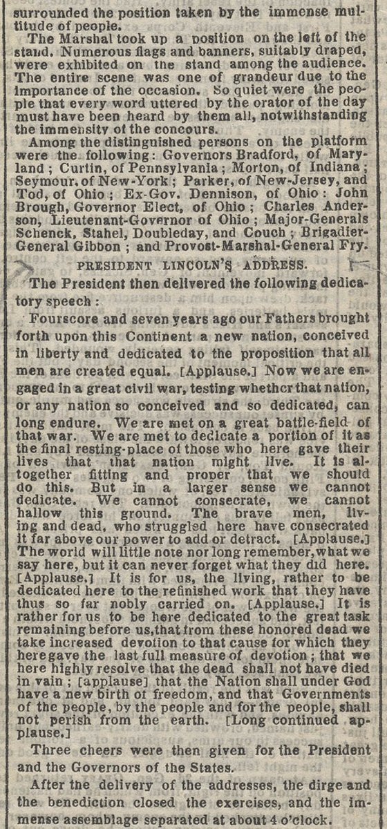 Remarks of President Abraham Lincoln delivered at the Dedication of the Soldiers' National Cemetery, Gettysburg, Pennsylvania, November 19, 1863. Printed in the NY Times, November 20, 1863.