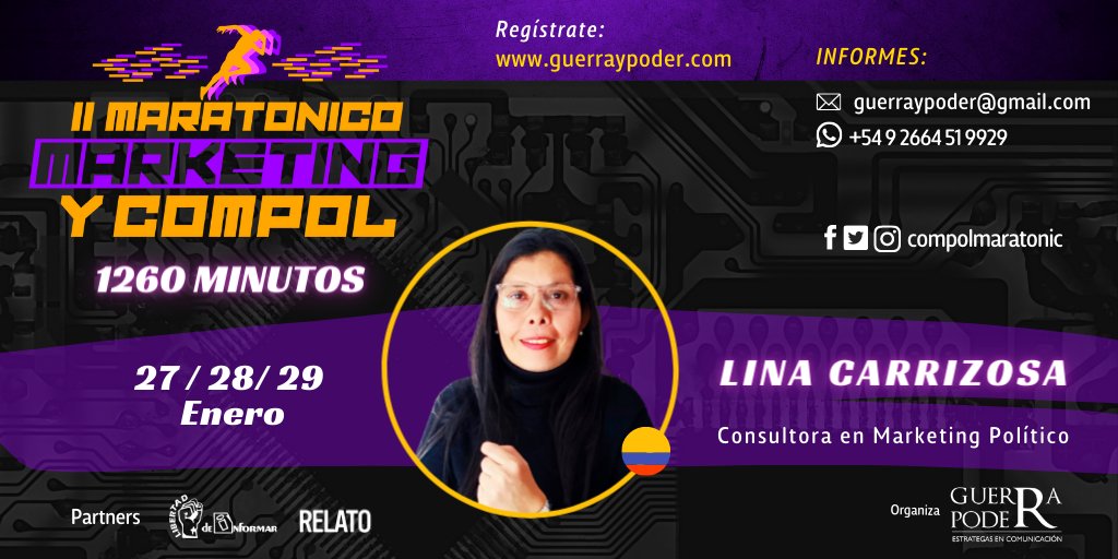 Compolmaratonic's tweet photo. 🔊 II Maratónico #Marketing y #Compol🌡️1260 M
👉 Lina Carrizosa 🇨🇴
➡️ Inscríbete acá: https://t.co/i5mP5I6yTI
📲 Consulta al whatsapp:
https://t.co/HREi10ZX3e
✉️ guerraypoder@gmail.com
📆 27, 28 y 29 - En. 22
.
.
#maratonicomk #maratonicocompol #CampañasElectorales https://t.co/PnScZbfheZ