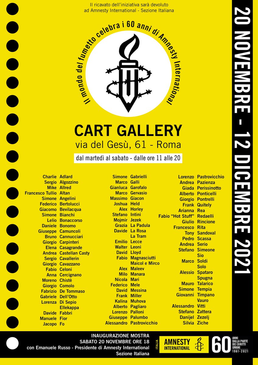 This is for #PatrickZaki.@CartGallery and <a href="/AmnestyLazio/">Amnesty Lazio</a> celebrate the 60th anniversary of <a href="/Amnesty_MSU/">AmnestyInternational</a> with an exhibition.Illustrations will be online and at Cart Gallery from 11/20 to 12/12 (auctioned on #Ebay from 11/27 to 12/6).Proceeds will go to #Amnestyinternational