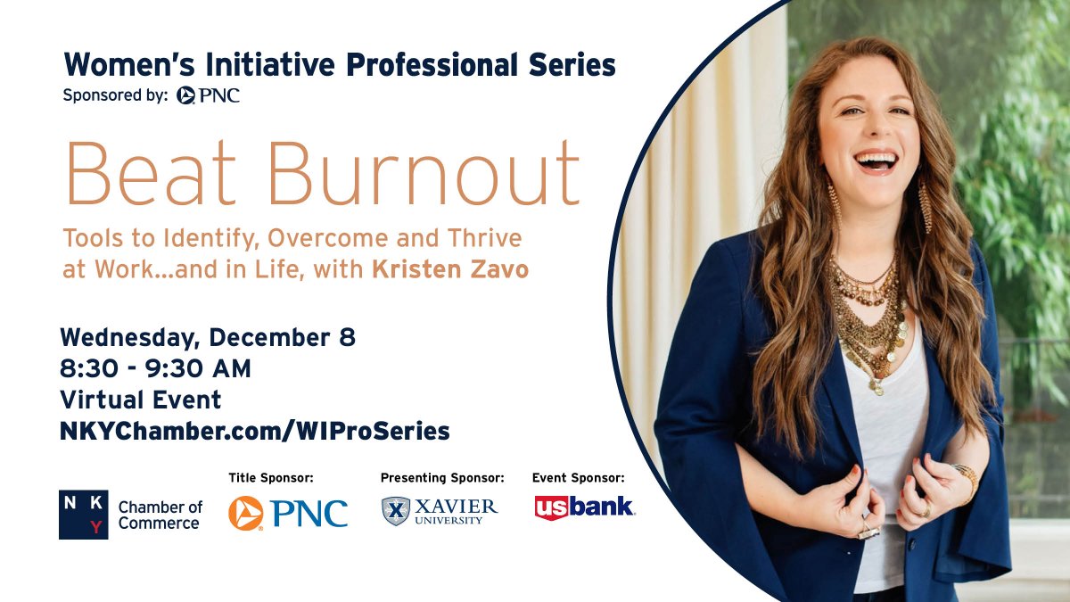 Best-selling author and career coach Kristen Zavo is joining the NKY Chamber for “Beat Burnout: Tools to Identify, Overcome and Thrive at Work … And in Life,” sponsored by <a href="/PNCBank/">PNC Bank</a>.
Learn more about the virtual event at bit.ly/3w8AEol