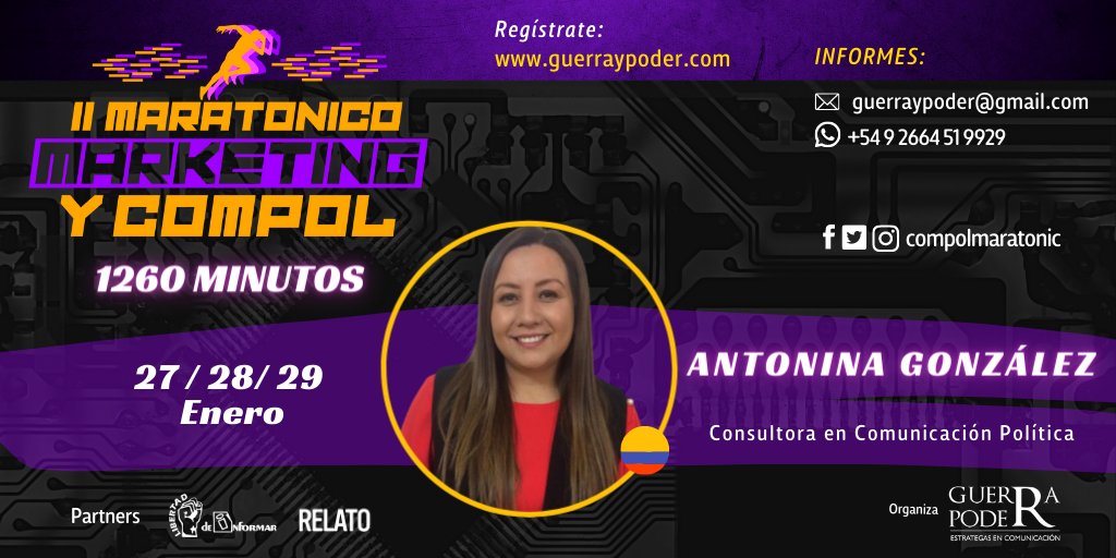 Compolmaratonic's tweet photo. 🔊 II Maratónico #Marketing y #Compol
🌡️1260 M
👉 Nina González 🇨🇴
➡️ Inscríbete acá: https://t.co/i5mP5I6yTI
📲 Consulta al whatsapp:
https://t.co/HREi10ZX3e
✉️ guerraypoder@gmail.com
📆 27, 28 y 29 - En. 22
.
.
#maratonicomk #maratonicocompol #CampañasElectorales https://t.co/wsJr2w3JSe