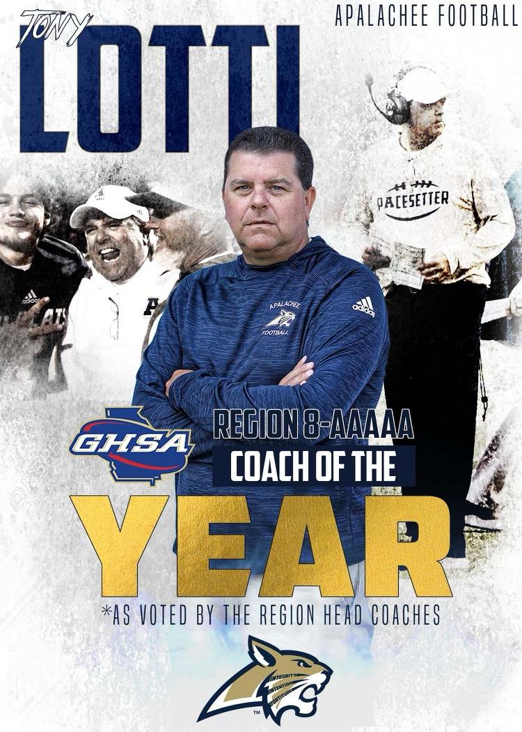 ApalacheeFB's tweet photo. On a day of recognition for our accomplishments this season we have one more. @CoachTonyLotti has been named Region 8-AAAAA Coach of the Year! @APALACHEEAD @BCSchools1 @ApalacheeHS @Barrow_Journal https://t.co/yVmAK65uSD
