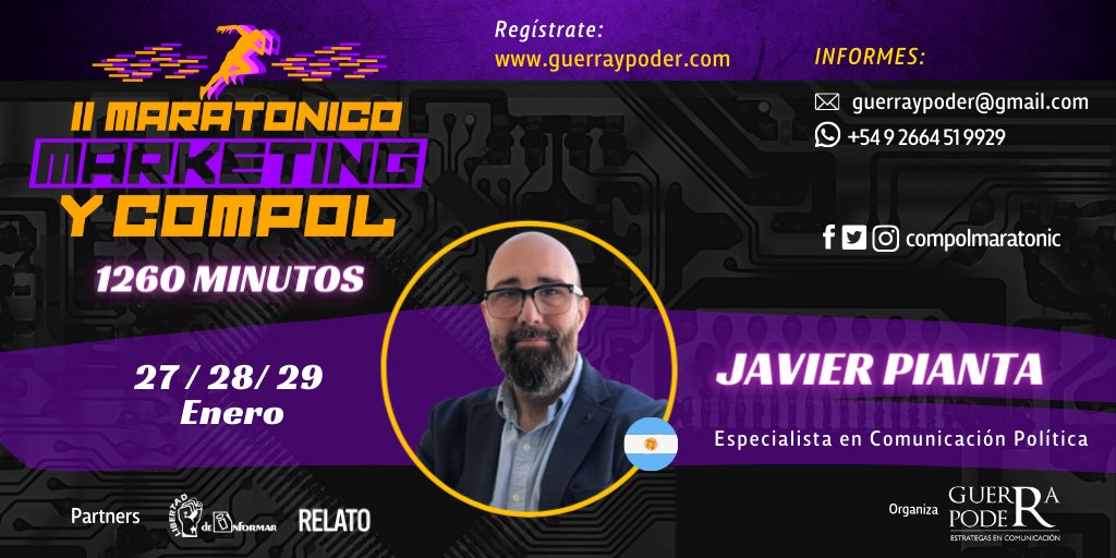 Compolmaratonic's tweet photo. 🔊 II Maratónico #Marketing y #Compol
🌡️1260 M
👉 Javier Pianta 🇦🇷
➡️ Inscríbete acá: https://t.co/i5mP5I6yTI
📲 Consulta al whatsapp:
https://t.co/HREi10ZX3e
✉️ guerraypoder@gmail.com
📆 27, 28 y 29 - En. 22
.
.
#maratonicomk #maratonicocompol #CampañasElectorales https://t.co/vQWAglT76P