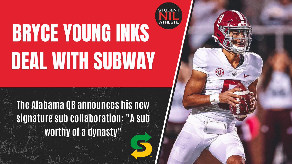 AthleteNIL's tweet photo. Alabama QB @_bryce_young announces his new signature sandwich with @SUBWAY.
The sandwich is loaded with steak, bacon, monterey cheddar cheese, and baja chipotle sauce. Customers can only purchase his signature sandwich online.
#RefreshTheRivalry https://t.co/zy9A2ur0iN