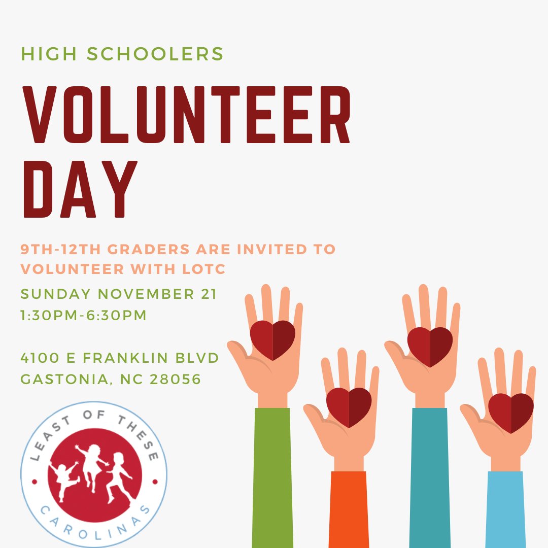 lotcarolinas's tweet photo. Calling all high schoolers! We need 8 more volunteers for this Sunday 1:30pm-6:30pm! To sign up for this Sunday visit here: https://t.co/Cm5GydB97o https://t.co/MAfBvLLcSp