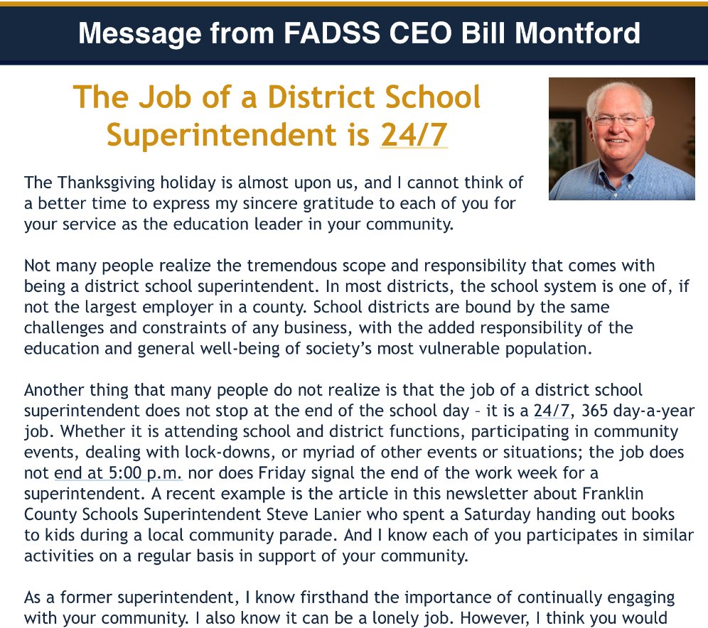 PublicSchoolSup's tweet photo. Timely and poignant message from #FADSS CEO Bill Montford: The job of a public school superintendent is 24/7.
 
Access full message &amp; enewsletter here: https://t.co/c7K92FpAfA

District School Superintendents = #EducationHeroes
#FLPublicSchoolProud

Subscribe: text FADSS to 22828 https://t.co/JIa0jeDGFS