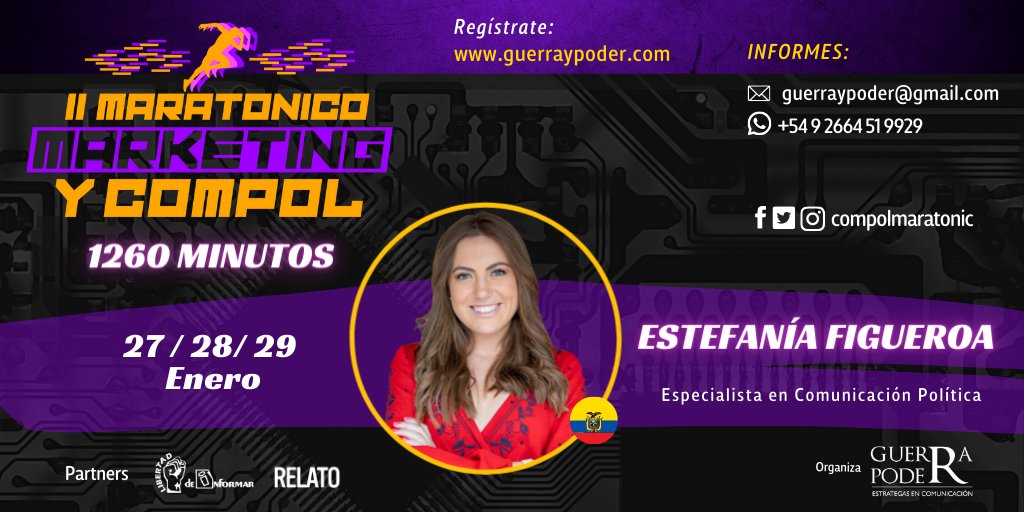 Compolmaratonic's tweet photo. 🔊 II Maratónico #Marketing y #Compol
🌡️1260 M
👉 Estefanía Figueroa 🇪🇨
➡️ Inscríbete acá: https://t.co/i5mP5I6yTI
📲 Consulta al whatsapp:
https://t.co/HREi10ZX3e
✉️ guerraypoder@gmail.com
📆 27, 28 y 29 - En. 22
.
.
#maratonicomk #maratonicocompol #CampañasElectorales https://t.co/g4BcCvugHn