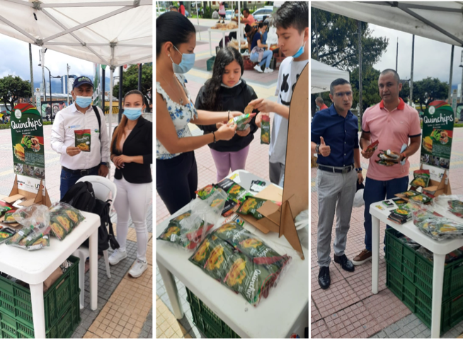 MCM_Miraflores's tweet photo. #QUINCHIPS, proyecto de producción y comercialización de chips de plátano, liderado por mujeres mineras de #Quinchía y el cual apoyamos, estuvo presente en el #MercadoCampesino, realizado el 18 de nov en la Plazoleta de @Gob_Risaralda.  #compromisodeoro #mineríabienhecha https://t.co/vOXuzS9hOp