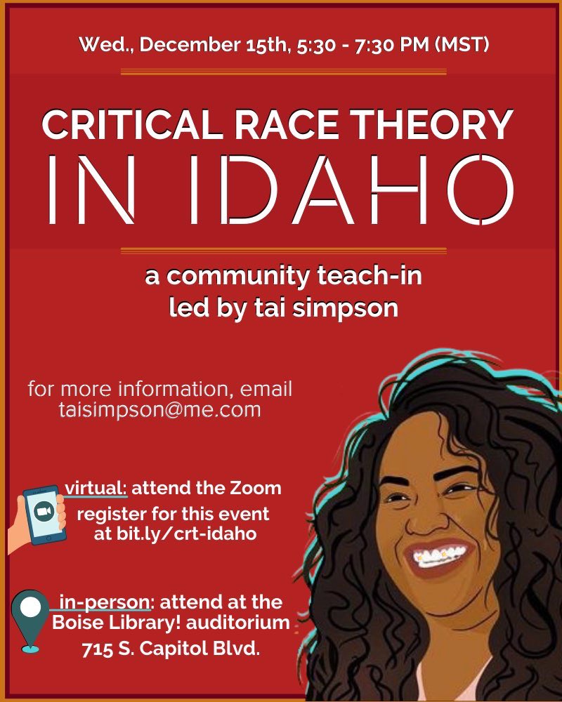Boise folks: THEE Tai Simpson is leading a teach-in at the Boise Public Library. Bring your anger, your resolve, your love. We'll learn and work through this together.