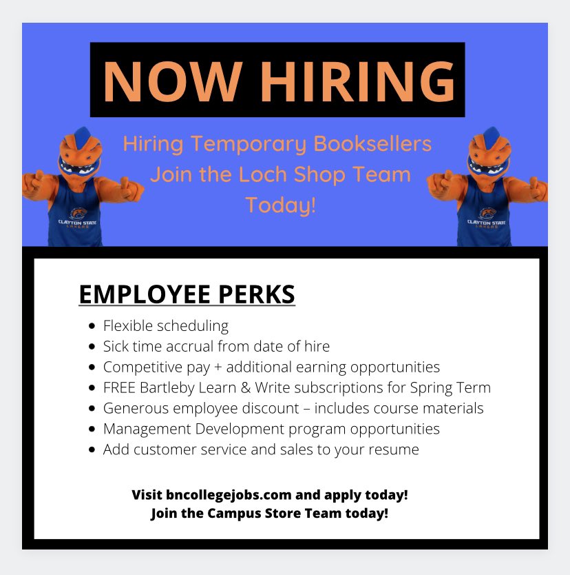 Join the Loch Shop Team! Apply at bncollegejobs.com today! 💙🧡 #ClaytonStateUniversity