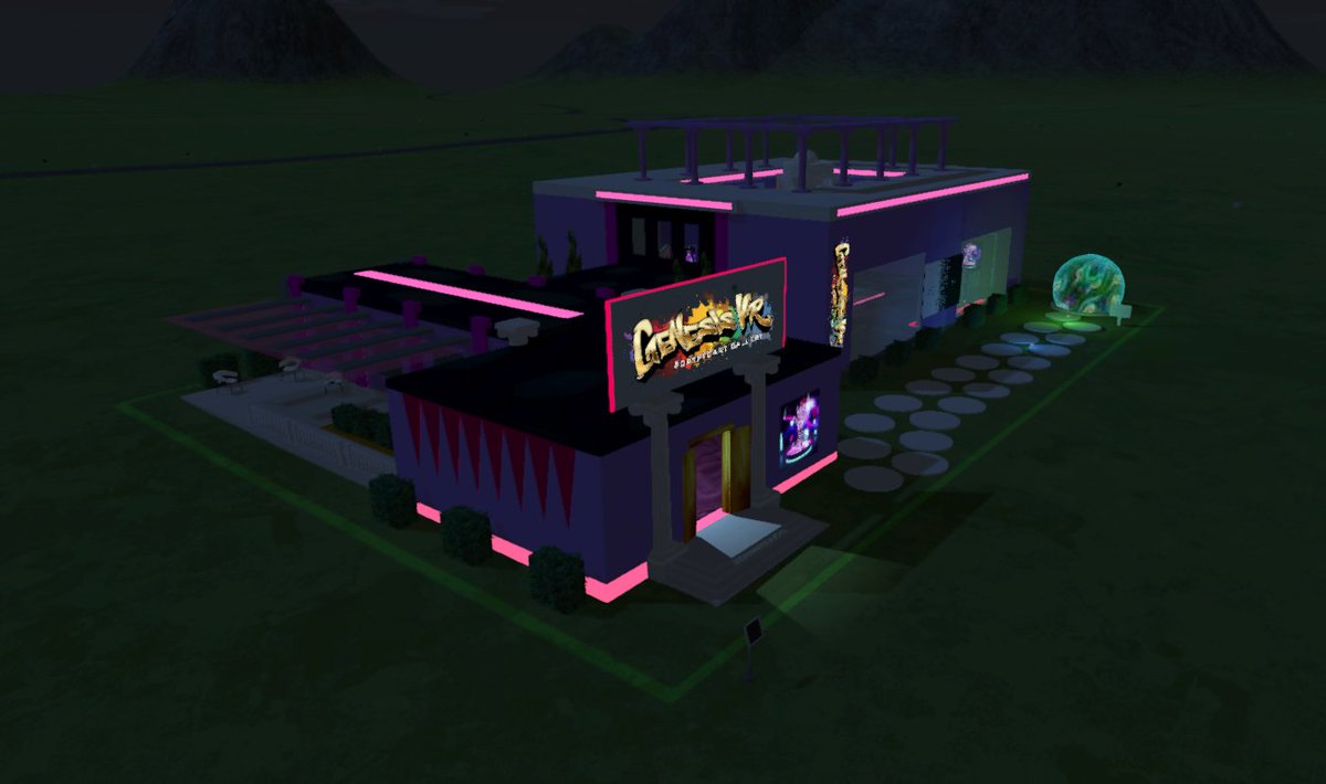 anarchyarcade's tweet photo. It's Friday - that means it's speed-build stream day on the official @SomniumSpace Twitch channel! This week I remodeled the old art gallery with a new neon-cyberpunk face lift. Placeholder artwork soon to be replaced w/ blockchain artwork, visitable here https://t.co/xdIHK9Wy00 https://t.co/zAVwUqlzs5