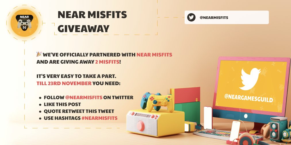 NearGamesDAO's tweet photo. Giveaway by @NEARMisfits!

We've officially partnered with NEAR Misfits and are giving away 2 Misfits!

It's very easy to take part. Till 23rd November you need:

1. Follow @NEARMisfits on Twitter
2. Like this post
3. Quote Retweet this tweet
4. Use hashtags #nearMisfits https://t.co/LYKYQOtP0G