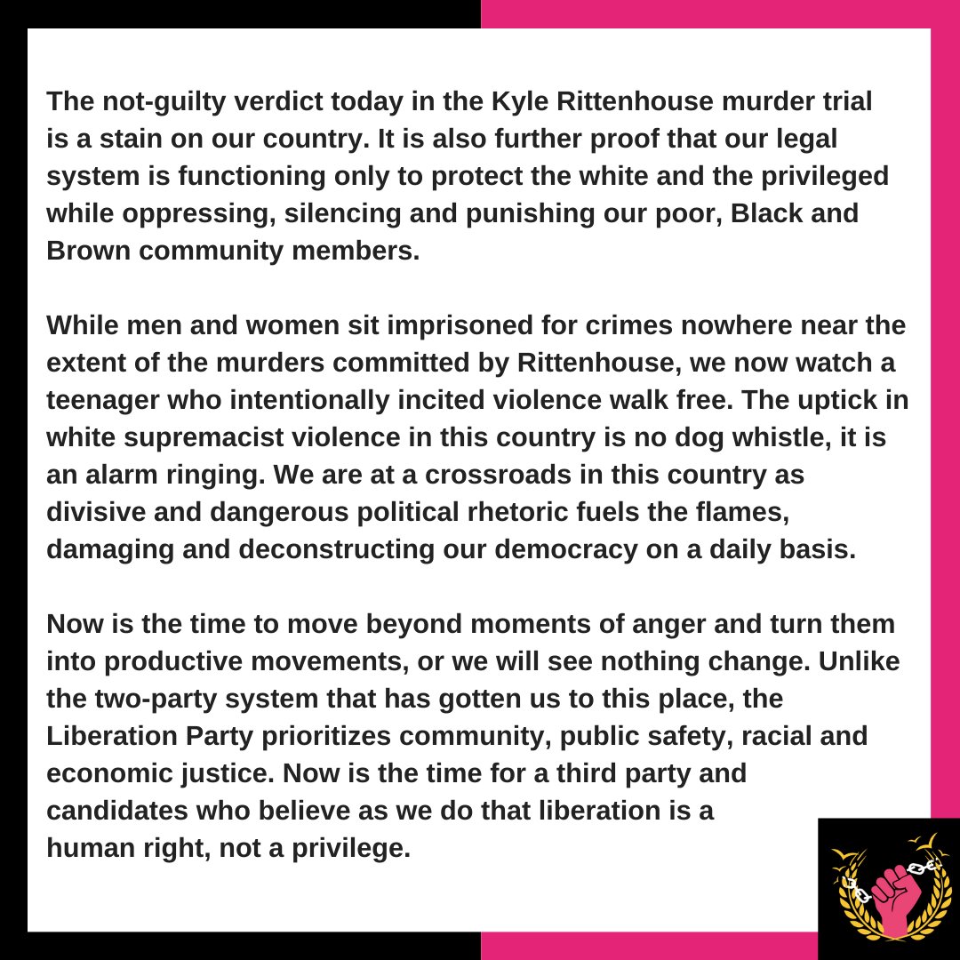 Here is our statement on the Kyle Rittenhouse verdict today, just one more example of why real systemic change is our priority. Please join us in the fight to build a true party by and for the people, the time is now.