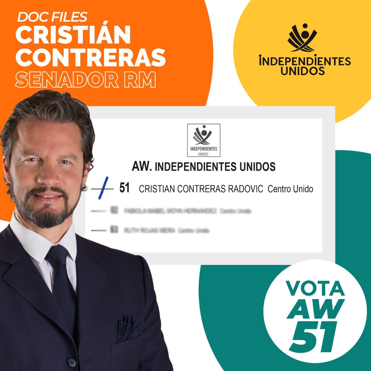 Adrian_Leiva_q's tweet photo. Cristian Contreras Radovic
APÓYAME COMO SENADOR POR LA REGIÓN METROPOLITANA
El 21 de noviembre podrán encontrarme en la PAPELETA como AW 51 Cristián Contreras Radovic,candidato a SENADOR por la Región Metropolitana. Pacto #IndependientesUnidos del #CentroUnido https://t.co/brI6PvGRM3