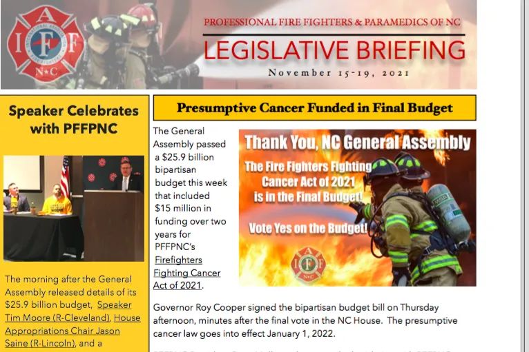 CL4633's tweet photo. The PFFPNC e-newsletter for Nov. 15-19 is now posted and includes the news that PFFPNC's presumptive cancer legislation is included in the final budget signed into law on Thursday.

READ: https://t.co/lIf6WniyG1 https://t.co/Hlk7WxxjRX