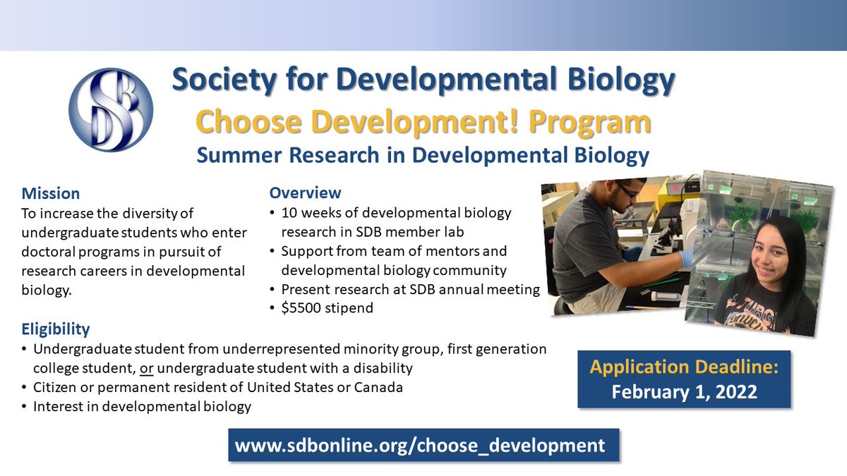 Applications are now open for the #ChooseDevelopment! Summer Undergraduate Research Program. Undergrads from underrepresented minority groups, first-generation college students &amp; students with a disability are eligible. bit.ly/3FwHqYp Deadline: February 1, 2022