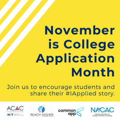 NACAC's tweet photo. November is College Application Month. NACAC is proud to stand with @American_CAC @ReachHigher &amp; @CommonApp in support of #collegeaccess for all. https://t.co/kYOO2YlEgV https://t.co/4iIcEyeccj