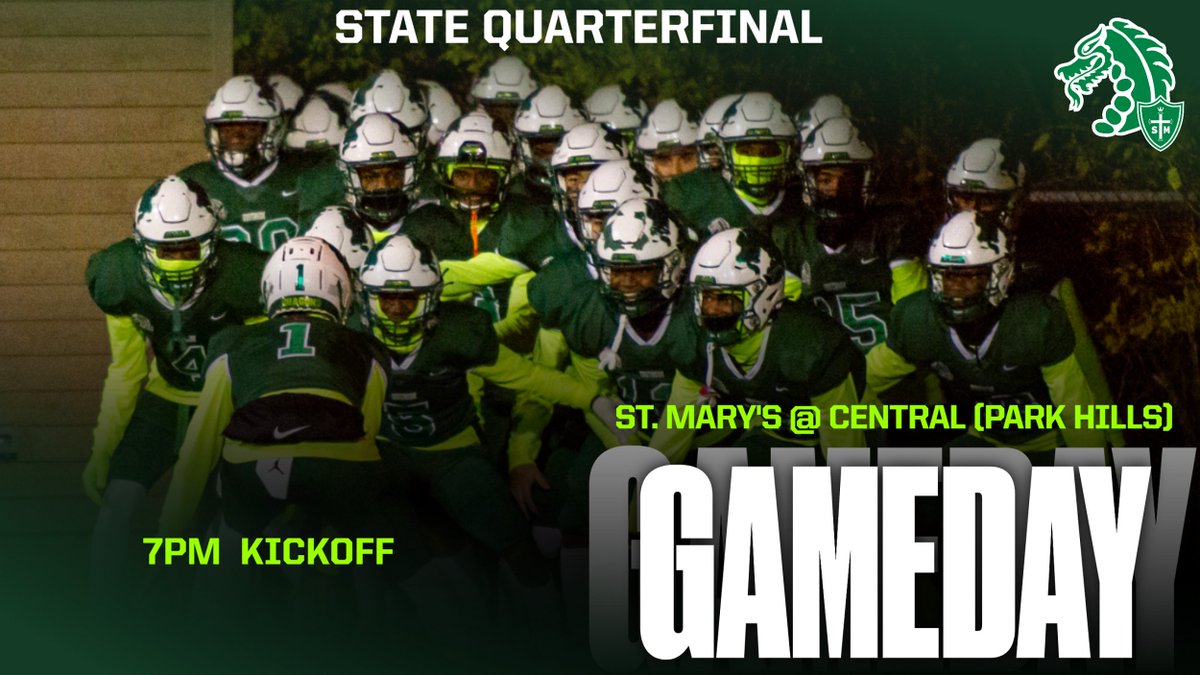 StMarysHSSports's tweet photo. GAMEDAY: C3 STATE QUARTERFINAL
Dragons vs Rebels
7PM @ Central (Park Hills)
Watch LIVE via https://t.co/6ex8usiSoW  or listen to the simulcast on #prepcasts!
@StMarysDragons
@SSC_activities
@stmarysstlalum
#LetsGoDragons #NOW #dragonfootball #statetournament #southsidestrong https://t.co/vlNelEmClO