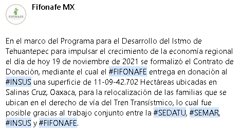 FIFONAFE_MX's tweet photo. En el marco del Programa para el Desarrollo del Istmo de Tehuantepec para impulsar el crecimiento de la economía, se formalizó el Contrato de Donación, mediante el cual el #FIFONAFE entrega en donación al #INSUS una superficie de 11-09-42.702 Hectáreas ubicadas en Salinas Cruz. https://t.co/KehjFihBCf