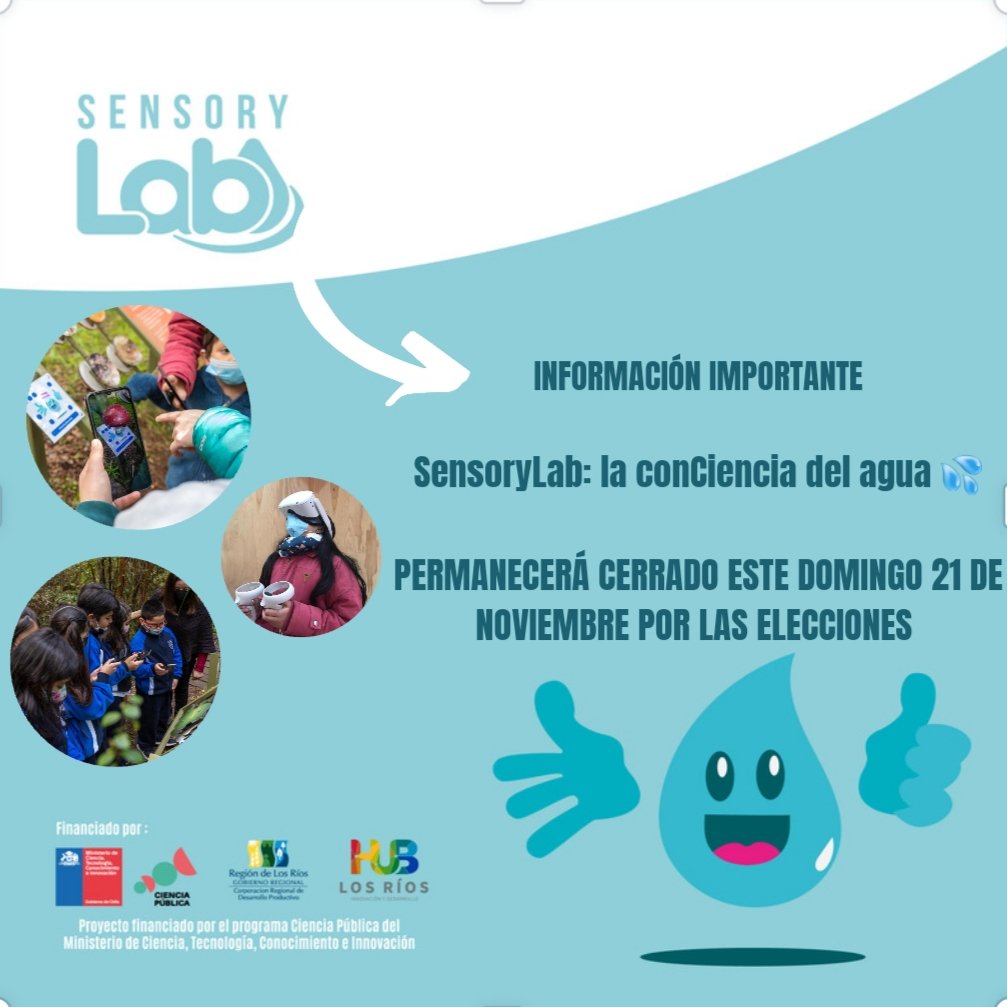 Sensory_Lab_'s tweet photo. ‼️INFORMACIÓN MUY IMPORTANTE‼️
📌Este domingo 21 de noviembre, la experiencia SensoryLab:la conCiencia del Agua, permanecerá cerrada por elecciones.
#valdiviachile #valdiviacl #RegióndelosRíos https://t.co/9KD6JGPbWI