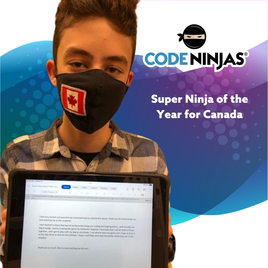 CodeNinjasBurl's tweet image. Congratulations to Carter Young, Super Ninja of the Year for Canada. Out of almost 4,000 kids in the Canadian Code Ninjas network, Carter was given the honour today for work building a gaming app for McMaster Sick Kids Hospital patients.
#CodingforGood #kidswhocode
