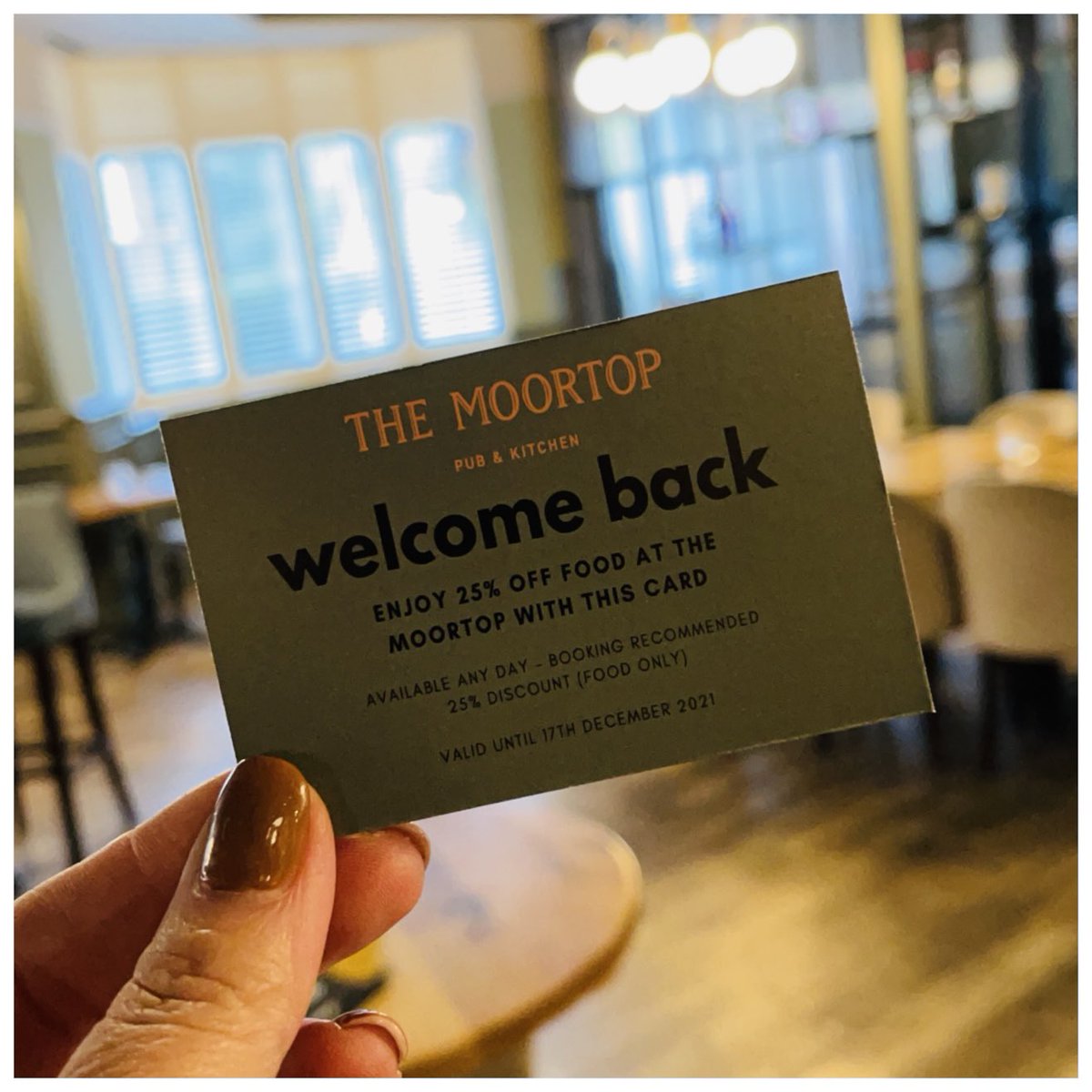 Welcome Back 🎉

To celebrate the launch of our new menu we are offering a welcome back discount… just ask your server for one of our cards when you dine with us. 

#welcomeback 
#newmenu 
#themoortoppub 
#heatonmoor 
#stockport 
#publife 
#stockportpubs